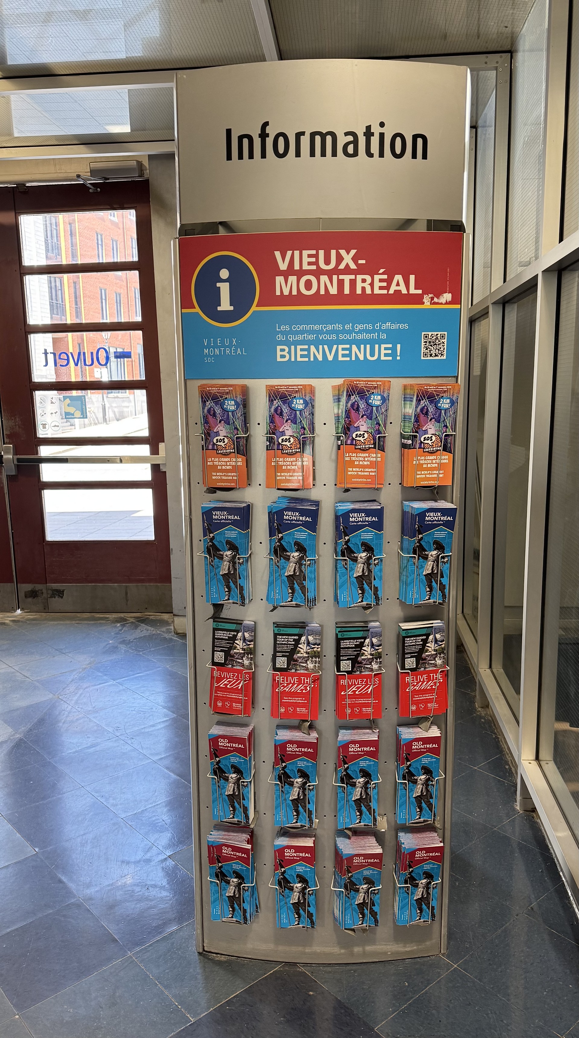 Main Old Montreal Official Map display stand at Bonsecours Market